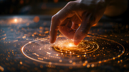 Hand touching a spinning vortex of data and light particles, data flow and processing visualisation backgrounds