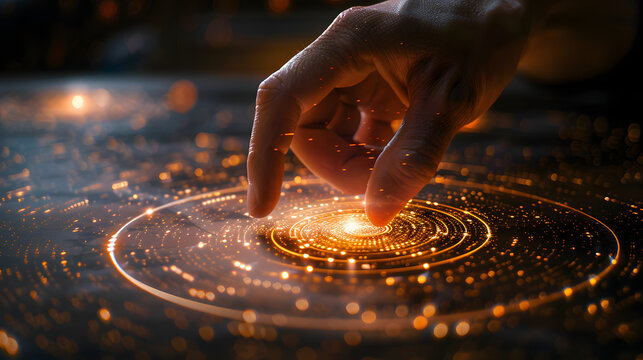 Hand touching a spinning vortex of data and light particles, data flow and processing visualisation backgrounds