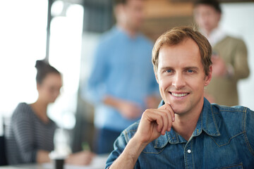 Smile, office and portrait of businessman in meeting for company, team building and creative...