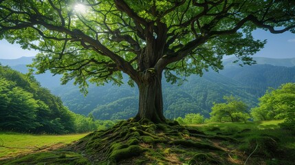 A majestic tree with extensive roots spreads above a lush green hillside under a clear sky with sunlight streaming through