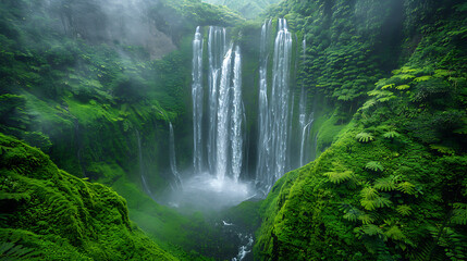 printable mural of a majestic waterfall in the heart of the jungle with cascading waters lush greenery and the soothing sound of rushing water creating a sense of natural beauty and tranquility