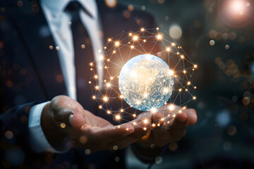 Fototapeta premium View of a Businessman holding a 3d rendering globe with network connections