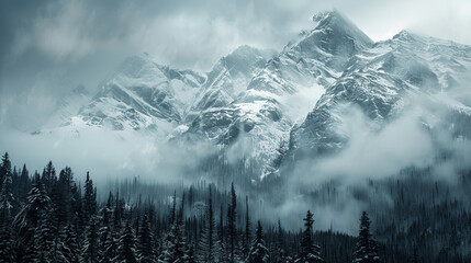 Majestic snow-covered mountains surrounded by dense pine forest - Powered by Adobe