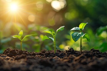 Young green seedlings growing in soil with sunlight in the background, symbolizing new beginnings and growth in nature.