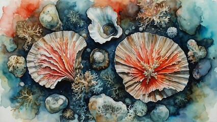 teal, orange corals, reef, shells in the sea, watercolor wash painting wallpaper background