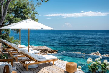 Obraz premium Scenic seaside resort with blue ocean, relaxing lounge chairs under umbrella, perfect summer getaway for relaxation and tranquility.