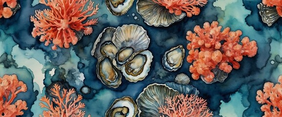 teal, orange coral reef, seashells in the sea, watercolor painting banner background