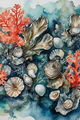 teal, orange coral reef, seashells in the sea, watercolor painting wallpaper background