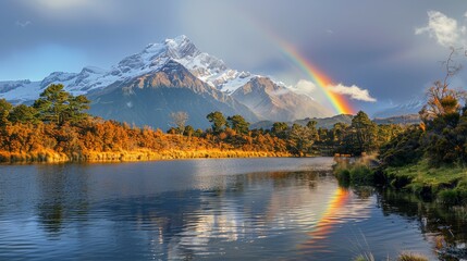 A captivating landscape showcasing a snow-capped mountain with a vivid rainbow reflecting in a tranquil lake - Powered by Adobe
