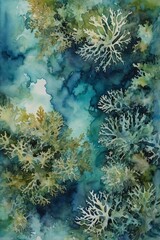 teal, green coral reef in the sea, watercolor painting wallpaper background