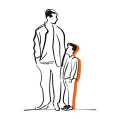Hand drawn Father and Son with minimalist paint brush style on white background