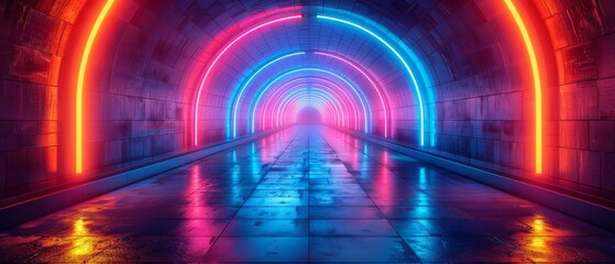 Futuristic neon tunnel with vibrant blue and red lights reflecting on the wet floor, creating a captivating and modern aesthetic. - Powered by Adobe