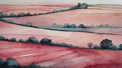 pink hues of watercolor abstract fields view background, textured lands wallpaper