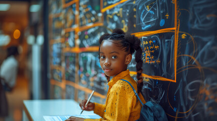 A young girl is seen engaging with her studies in front of a large educational chalkboard filled with math equations