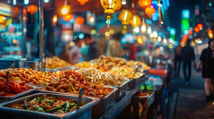Fototapeta premium Vibrant Night Scene of Busy Street Food Market with Colorful Global Delicacies and Bright Professional Lighting