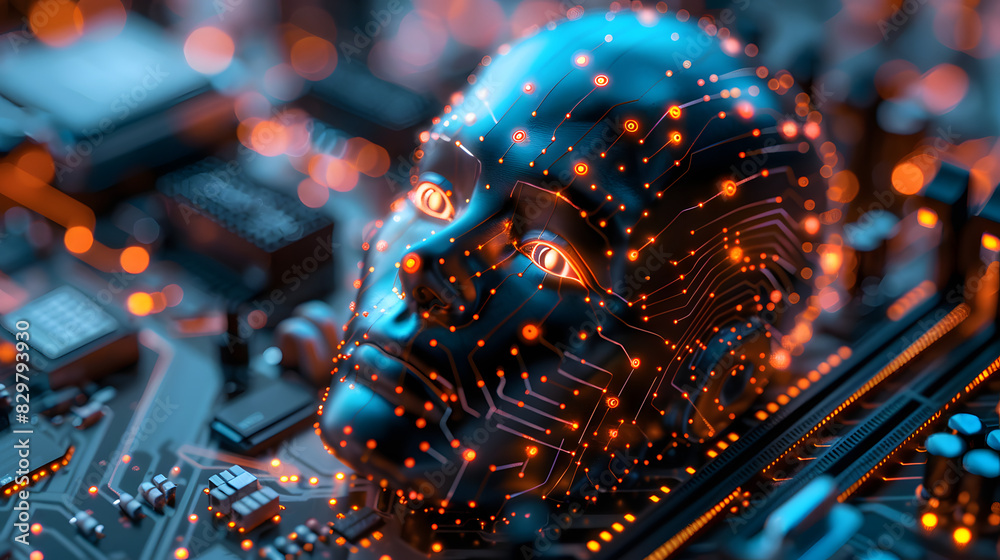 Poster digital representation of ai artificial intelligence chat bot connected to computer motherboard