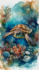 green sea turtle swim in ocean with corals shells, and reefs, watercolor painting wallpaper background