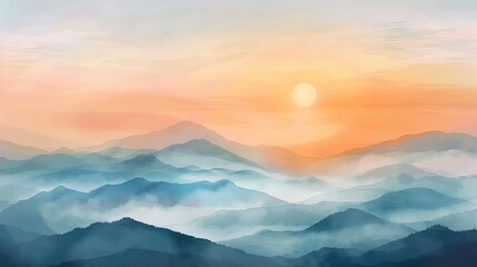 Abstract mountain landscape with foggy sunrise in watercolor style vector illustration background. Abstract nature wallpaper design with misty mountains, orange and blue colors