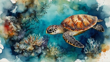 turtle swimming in sea with reefs, watercolor painting wallpaper background