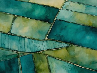 watercolor abstract top view painting green and teal fields, lands wallpaper background