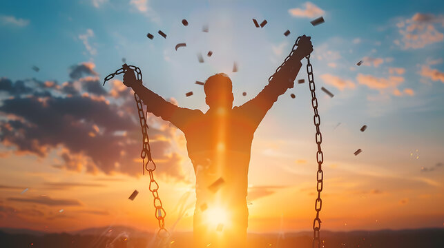 Defocused silhouette of a man breaking free from the chains concept with sunrise in the background