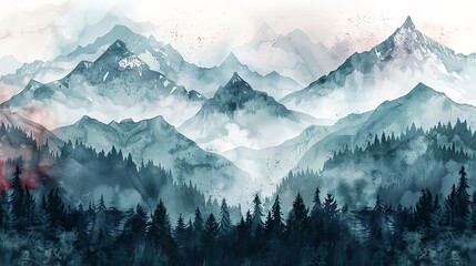 Abstract watercolor and ink illustration of misty mountains with forest, vintage color tone, highly detailed, vector art style, high resolution, detailed texture, isolated on white background, simple