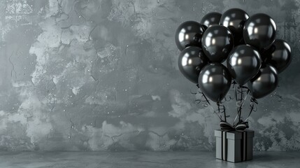 Black balloons tied to a gift box on a grey background. A black matte colored balloon bouquet in the style of birthday or other events.
