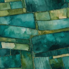 green and teal hues of watercolor abstract fields top view backdrop, textured lands