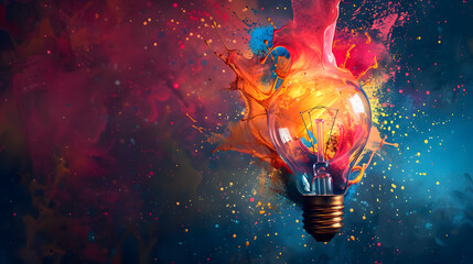 Creative inspiration concept with colorful lightbulb made from liquid paint on dark background