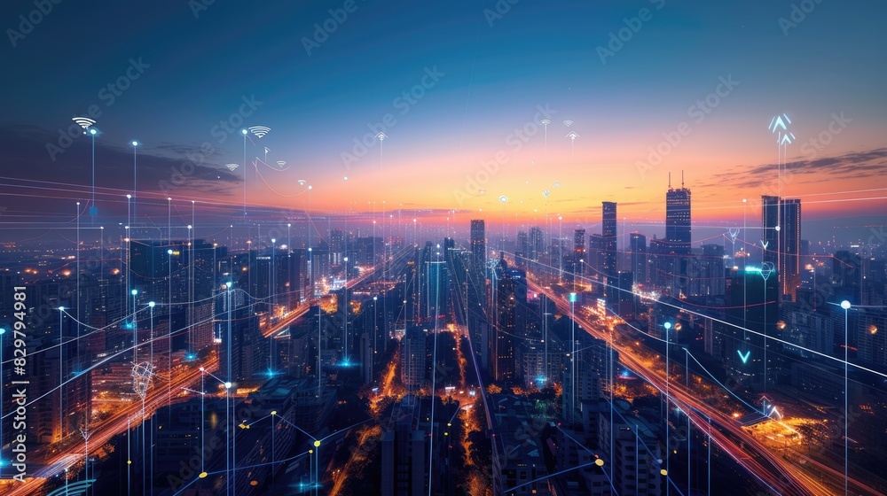 Wall mural smart city with connecting network and internet of things digital graphics over the skyline aig41