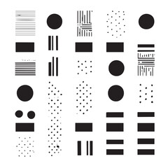 Minimal simple geometric seamless patterns set, vector abstract lines and dashes, wallpapers web design and print. Black and white swatches