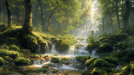printable mural of serene forest glade sunlight filtering through canopy mosscovered rocks babbling brook winding its way through the scene creating a peaceful and rejuvenating atmosphere in any room