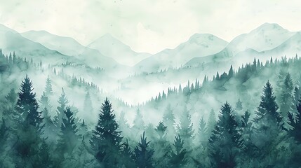 Abstract watercolor illustration of misty forest and mountains landscape, vector background with pine trees for poster or wallpaper design template. Vintage style print for wall art, card decoration a