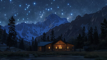 Fototapeta premium Cozy Cabin Illuminated Under a Starry Sky with Majestic Mountain Backdrop