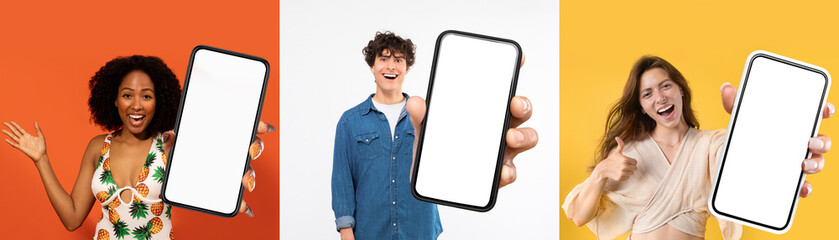 Multiethnic millennials one man and two women posing with phones with blank screen on colorful...