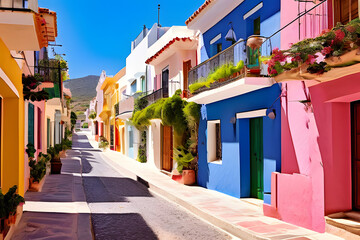 Fototapeta premium A vibrant street scene with colorful painted houses lining a narrow cobblestone alleyway. This image is ideal for travel destinations, cultural vibes, and charming architecture.