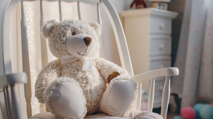 In a child's nursery, a white teddy bear with his eyes closed sits in a rocking chair. His presence evokes feelings of warmth and safety, making him the perfect bedtime companion.