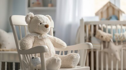In a child's nursery, a white teddy bear with his eyes closed sits in a rocking chair. His presence evokes feelings of warmth and safety, making him the perfect bedtime companion.
