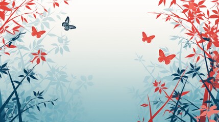 Bamboo silhouette, butterflies, flowers, light blue, light red, creative pattern design. Vintage traditional fashion illustration ornament on white background.