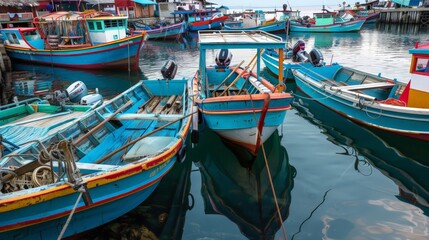 In a picturesque coastal village, colorful fishing boats are moored at the dock, ready for another day at sea. 