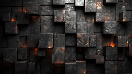 A 3D rendered image of abstract black cubes with orange illuminated edges, creating a contrasting pattern