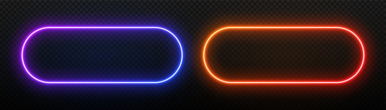 Neon rectangle light frame. Led button with glow. Laser template for text. Gradient banner with rounded corners. Fluorescent elements for the design of advertising, clubs and games.