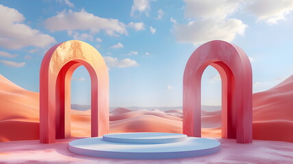 Fototapeta premium Abstract Surreal pastel landscape background with arches and podium for showing product