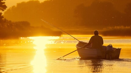 In the golden light of sunset, a fisherman rows his boat back to shore, the day's catch secured. The calm waters and fading sunlight create a serene end to a fulfilling day of fishing.