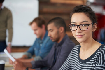 Portrait, woman and team in office for meeting or workshop in workplace as intern in company or business. Female person, group and smile with confident in career in human resources or recruitment