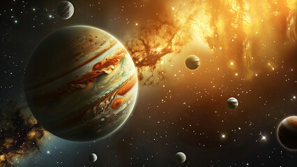 Spectacular View of Jupiter and Its Moons Amidst Cosmic Clouds