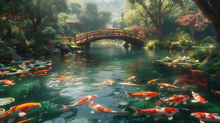 printable mural of a tranquil pond in a Japanese garden with graceful lotus flowers colorful koi fish and a rustic wooden bridge arching over the water creating a serene and contemplative scene