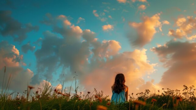 In this tranquil moment, she feels a profound connection to nature, her spirit uplifted by the beauty of the sky above.