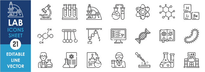 A set of line icons related to laboratory. Lab, equipment, chemistry, biology, computer, physics, test tube, chemical and so on. Vector outline icons set.