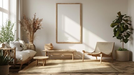 Bright Scandinavian interior, A4 frame mockup on light wooden wall, hygge style furnishings, 3D illustration